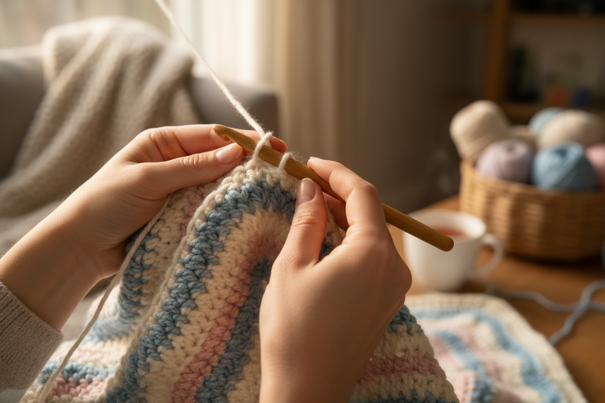 woman crocheting with hook and yarn